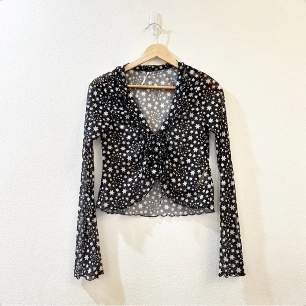Free People Marne Star Print Sheer Mesh Tie Front‎ Coquette Blouse Top Size S